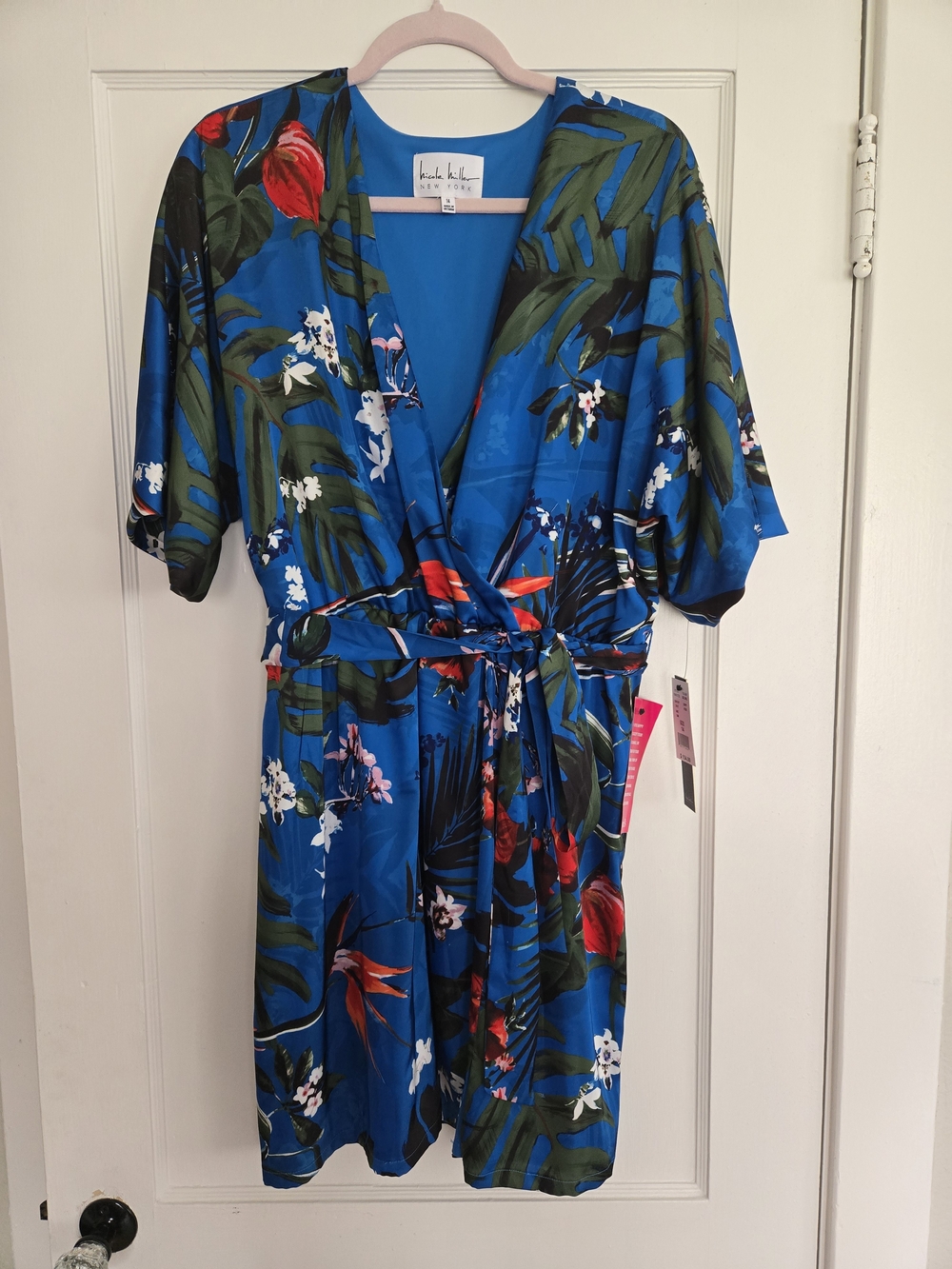 Nicole Miller Blue Tropical Print Wrap Mini Dress